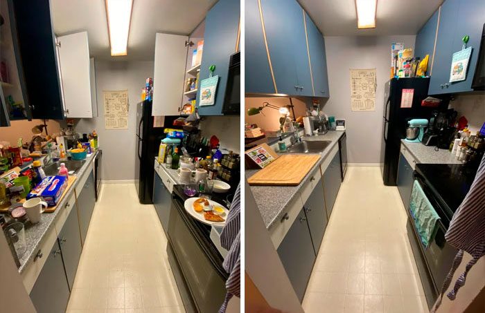 Galley kitchen before and after a deep clean, with counters cleared and surfaces wiped down