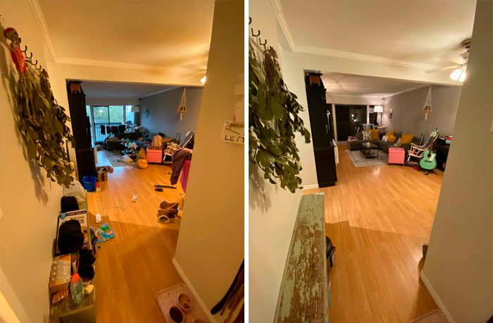 Living room and hallway before and after cleaning, with floors cleared and vacuumed